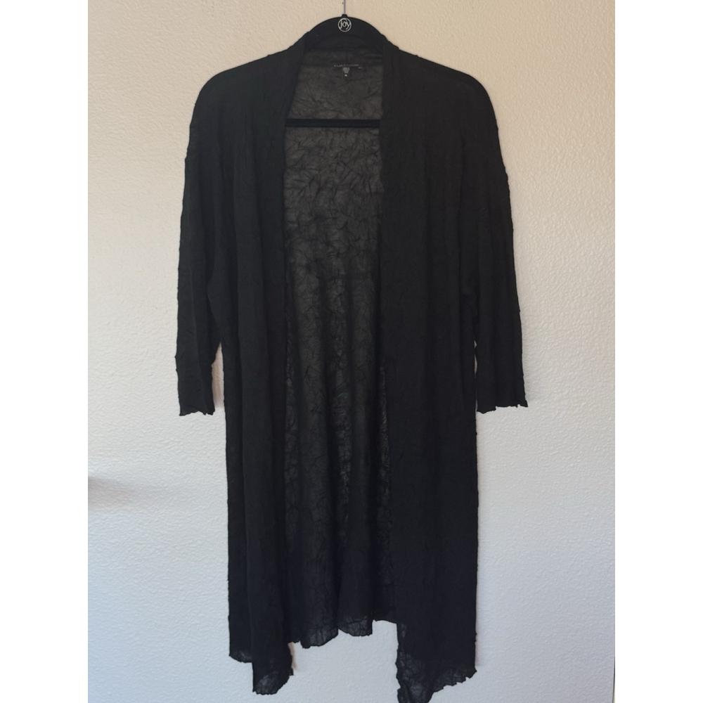 Eileen Fisher Black Open Front Crinkle Cardigan Linen Blend Medium